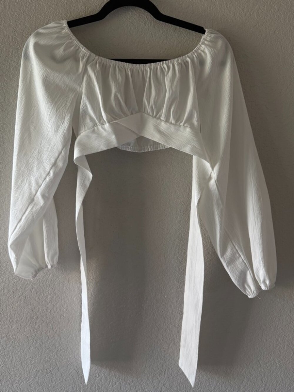 White Off-The-Shoulder Long Sleeve Tie-Front Crop Top 🤍